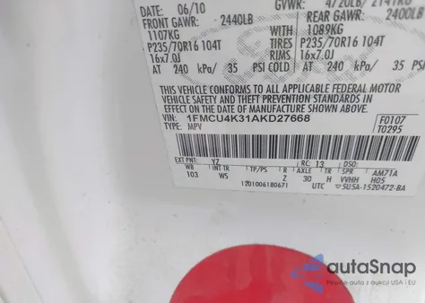 2010 Ford Escape Hybrid Limited z USA, uszkodzony, nr VIN 1FMCU4K31AKD27668